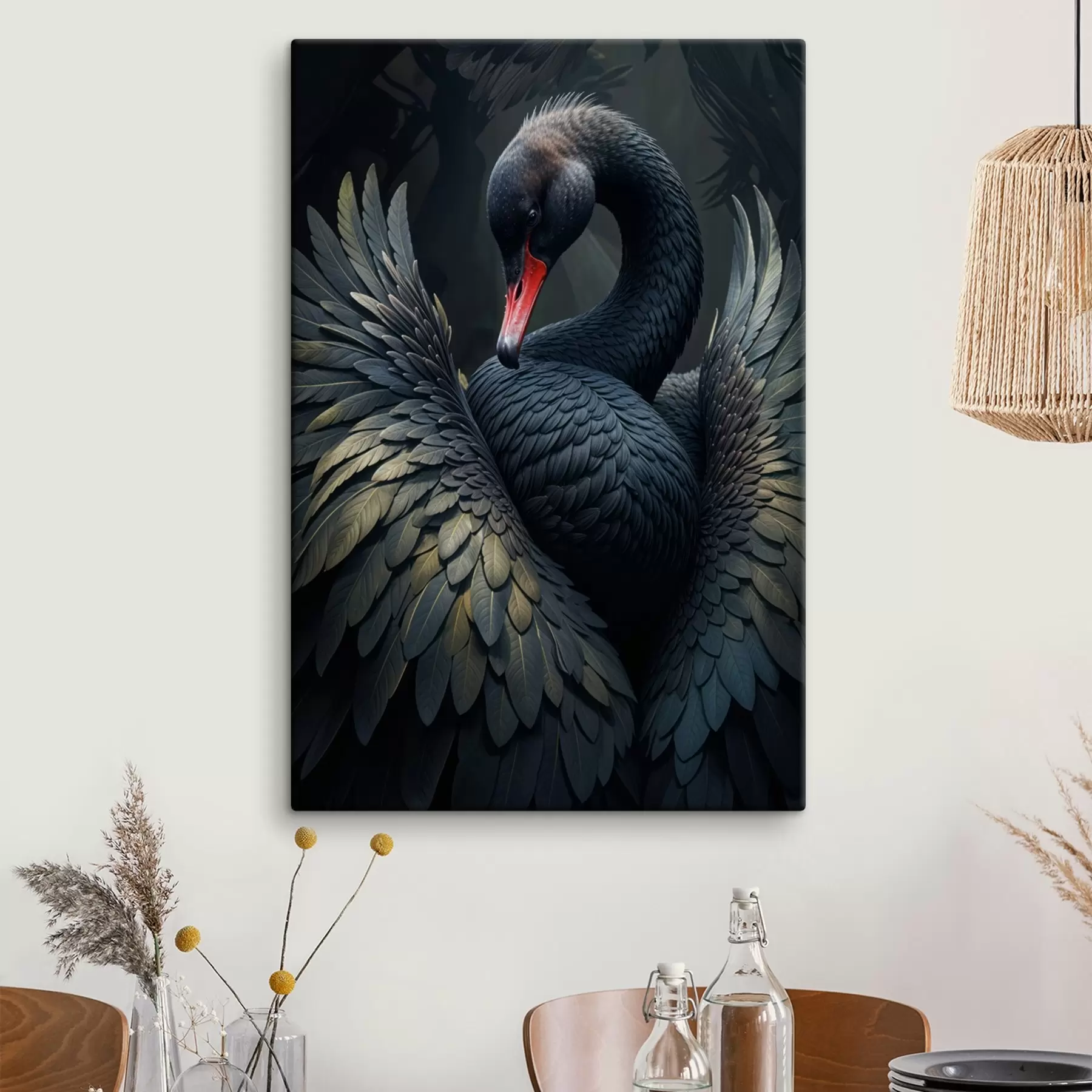 Papier peint photo Un cygne noir aux ailes déployées, mettant en valeur ses plumes noires et son bec rouge sur un fond sombre s41249