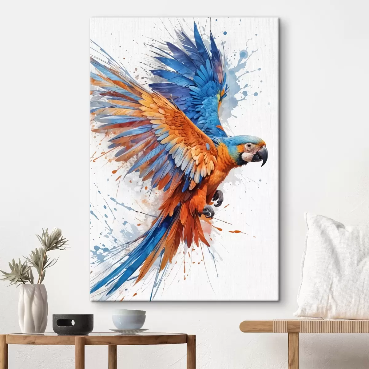  Peintures Perroquet coloré aux plumes bleu, orange et jaune vibrantes en vol sur un fond éclaboussé s41250