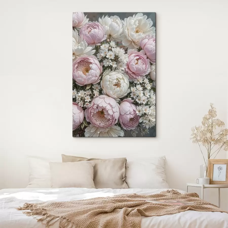  Schilderijen Een boeket van pastelroze pioenrozen en witte margrieten, gerangschikt in een prachtige bloemencompositie s41255