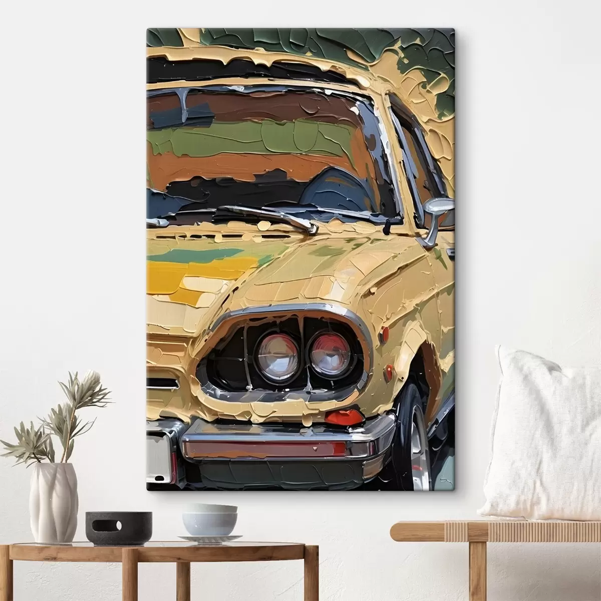  Peintures Imitation d'un empâtement de peinture à l'huile représentant une voiture jaune sur un fond coloré et abstrait s41261