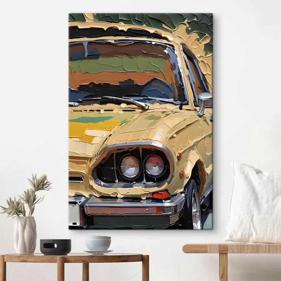  Peintures Imitation d'un empâtement de peinture à l'huile représentant une voiture jaune sur un fond coloré et abstrait s41261