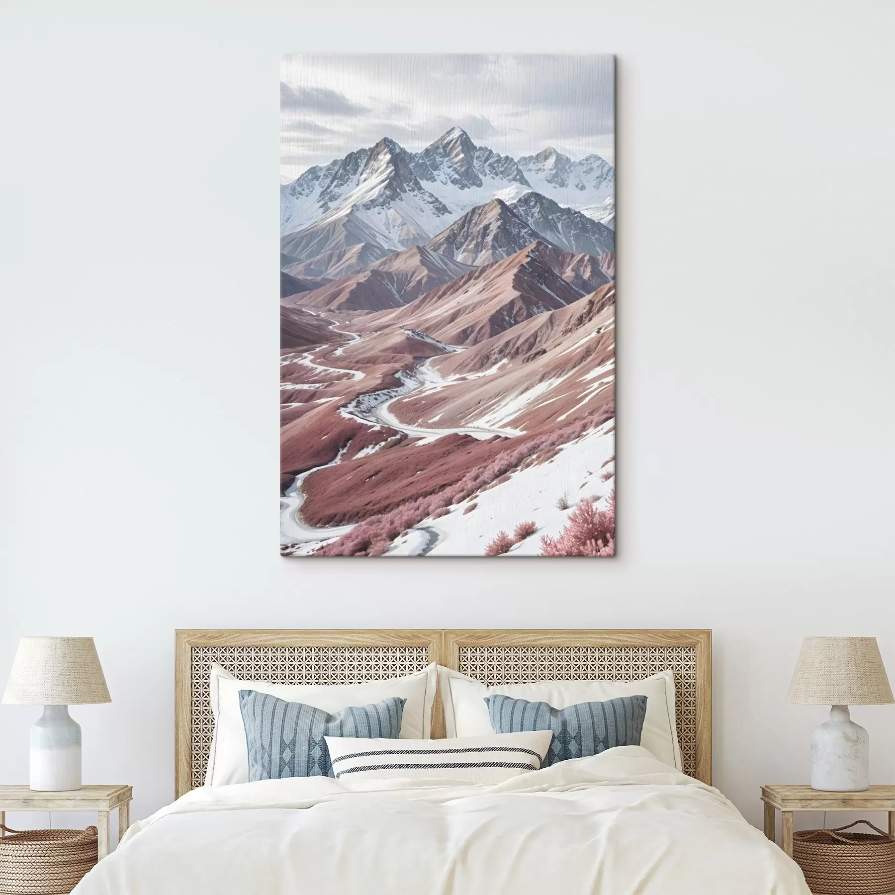 Fotobehang Ruige besneeuwde bergen met een kronkelende rivier die door een uitgestrekt, kleurrijk landschap stroomt s41262
