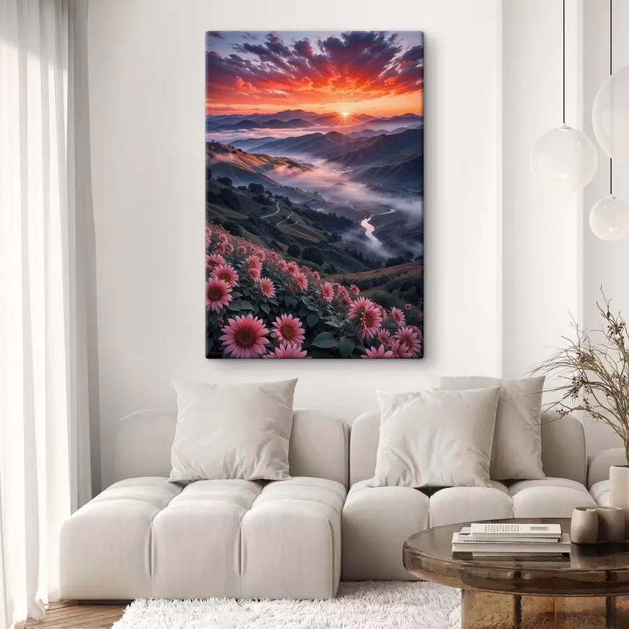  Peintures Un paysage à couper le souffle avec un coucher de soleil éclatant sur une région montagneuse avec des grappes de fleurs roses s41263