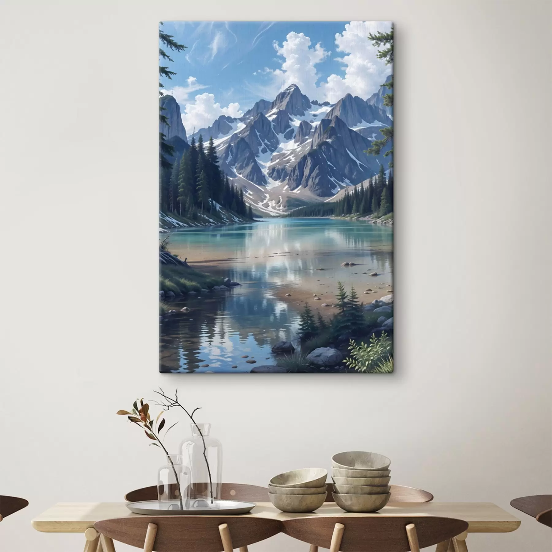 Papier peint photo Un lac alpin serein entouré de majestueuses montagnes enneigées, d'une forêt dense et d'un ciel nuageux s41264