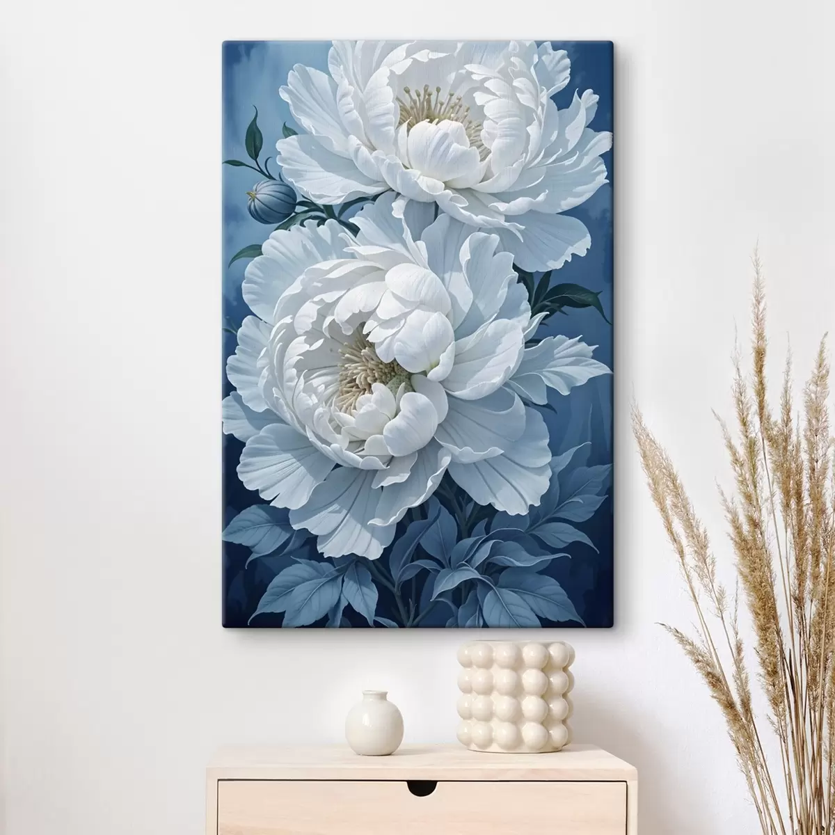  Peintures Pivoines blanches avec feuilles vertes sur fond bleu foncé s41270