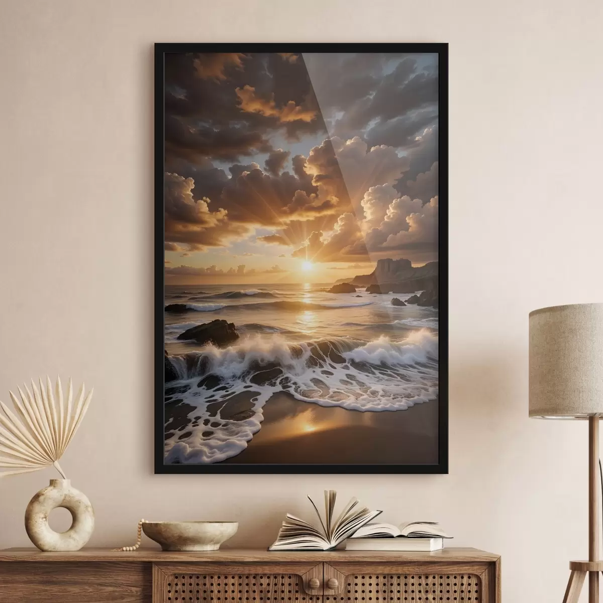 Affiche Coucher de soleil spectaculaire sur une côte rocheuse, avec des vagues déferlantes et des nuages spectaculaires dans le ciel f41245