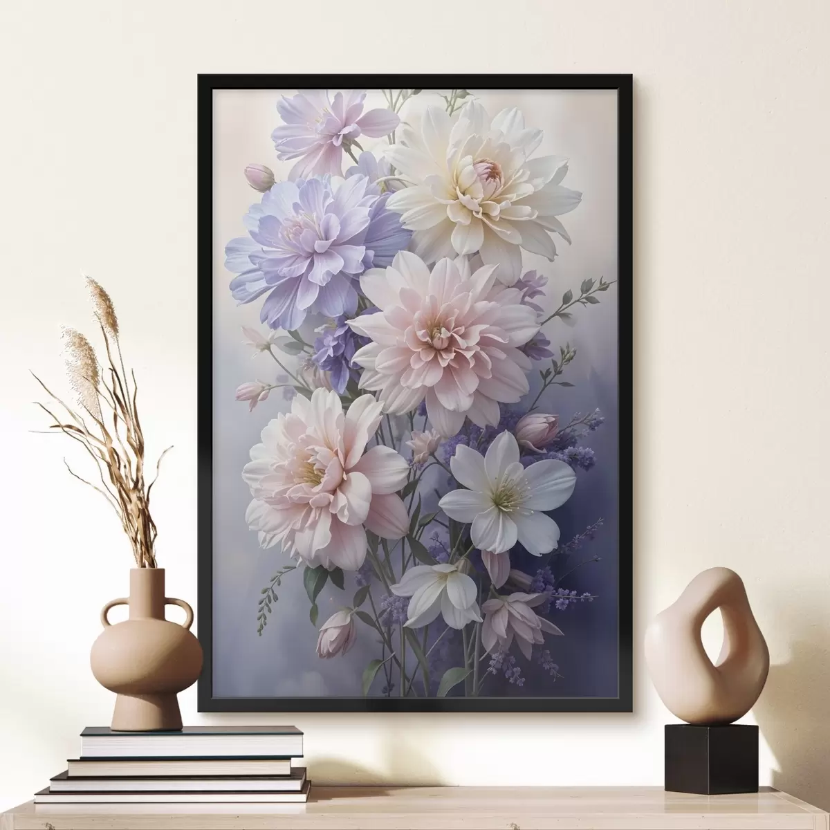 Affiche Un bouquet de grandes fleurs de dahlia vibrantes dans des tons de rose, de lavande et de blanc sur un arrière-plan doux et flou f41247