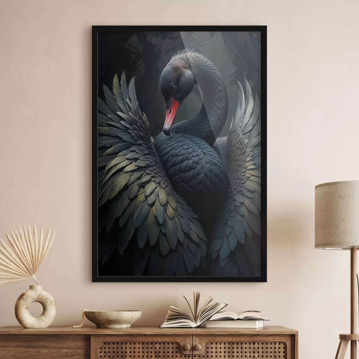 Affiche Un cygne noir aux ailes déployées, mettant en valeur ses plumes noires et son bec rouge sur un fond sombre f41249