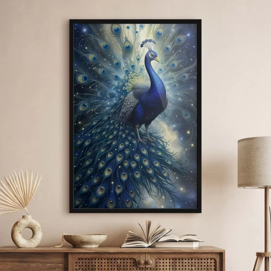 Fotobehang Een levendige en majestueuze pauw tegen een sterrenhemel, die een magische en etherische sfeer creëert f41256
