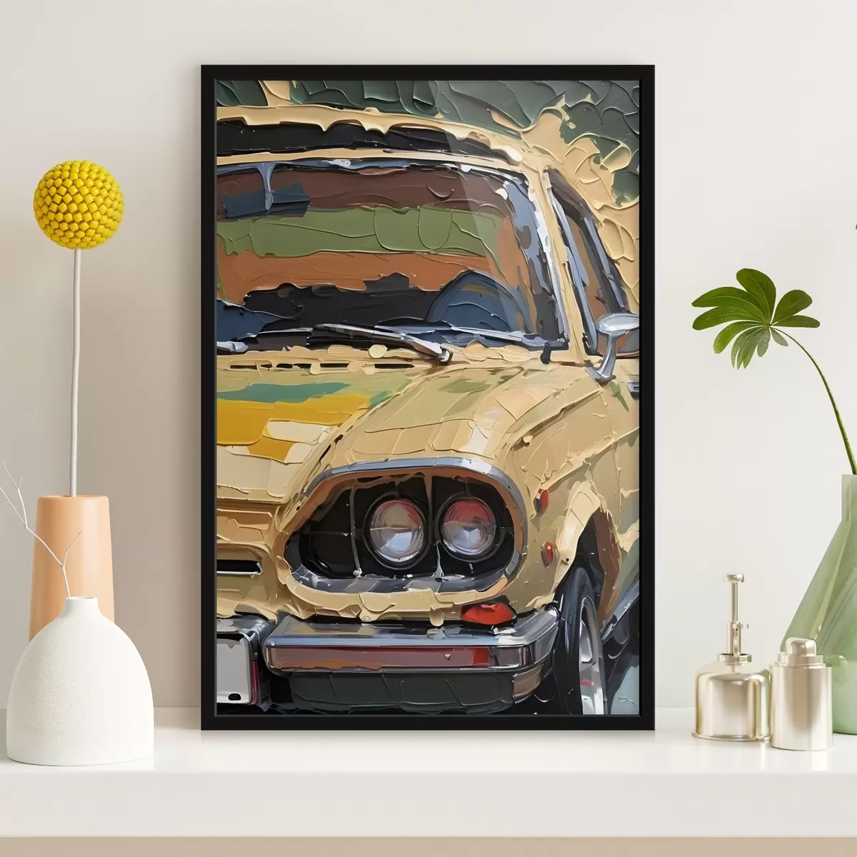 Affiche Imitation d'un empâtement de peinture à l'huile représentant une voiture jaune sur un fond coloré et abstrait f41261