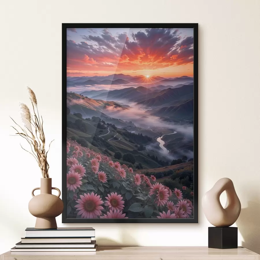 Fotobehang Een adembenemend landschap met een levendige zonsondergang boven een bergachtig gebied met trossen roze bloemen f41263