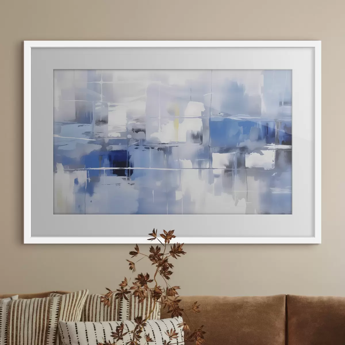 Poster Een moderne abstractie in blauw-, wit- en grijstinten met vage lijnen en vormen f41269