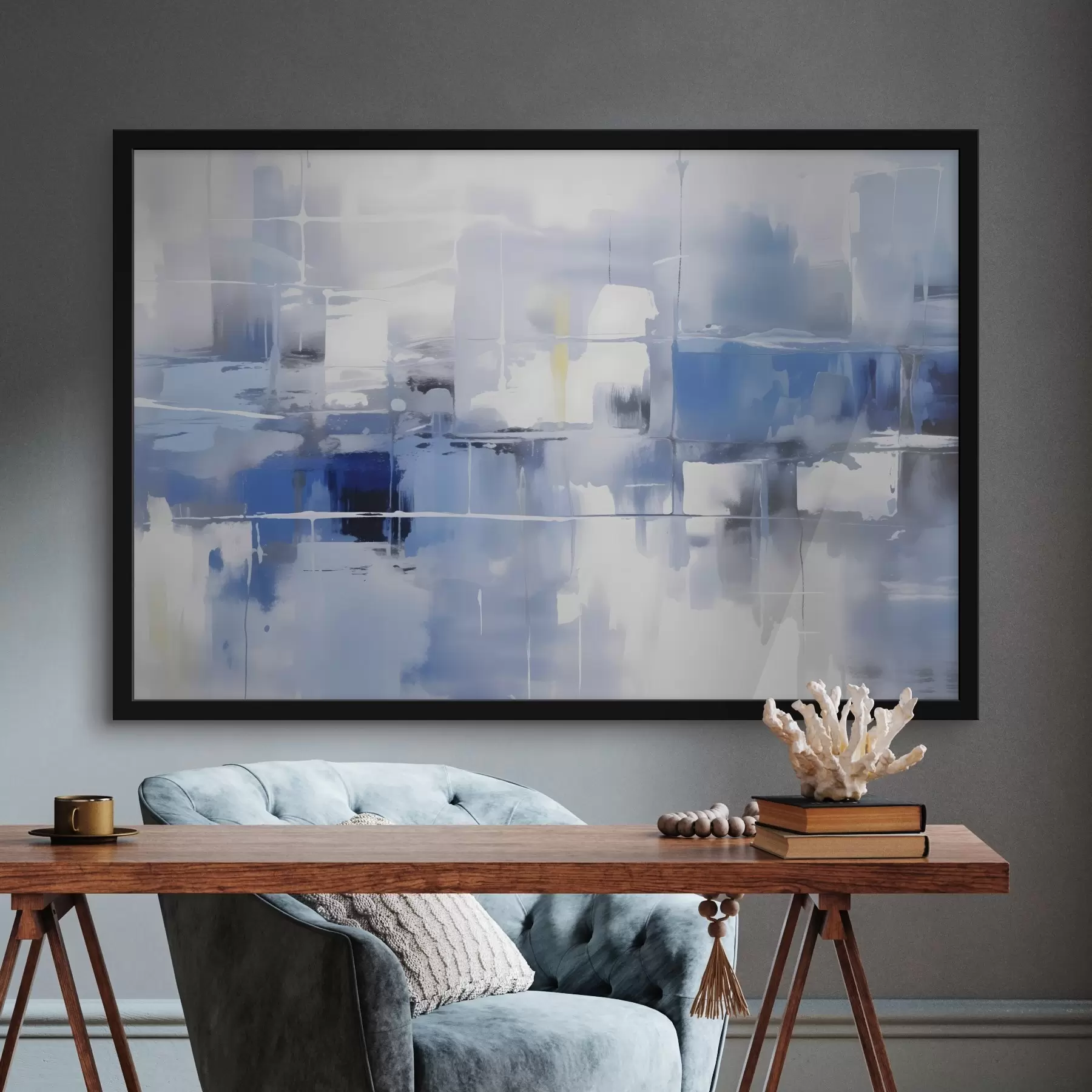 Papier peint photo Une abstraction moderne dans des tons bleus, blancs et gris avec des lignes et des formes floues f41269