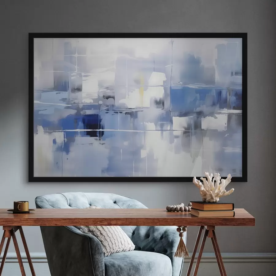 Papier peint photo Une abstraction moderne dans des tons bleus, blancs et gris avec des lignes et des formes floues f41269