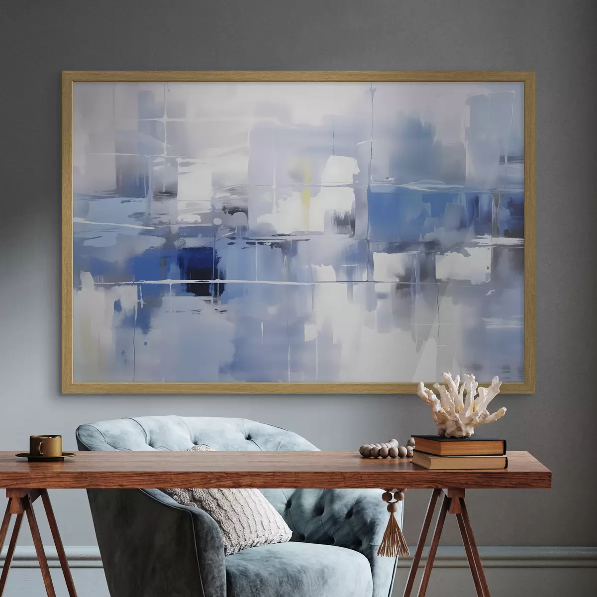 Poster Een moderne abstractie in blauw-, wit- en grijstinten met vage lijnen en vormen f41269