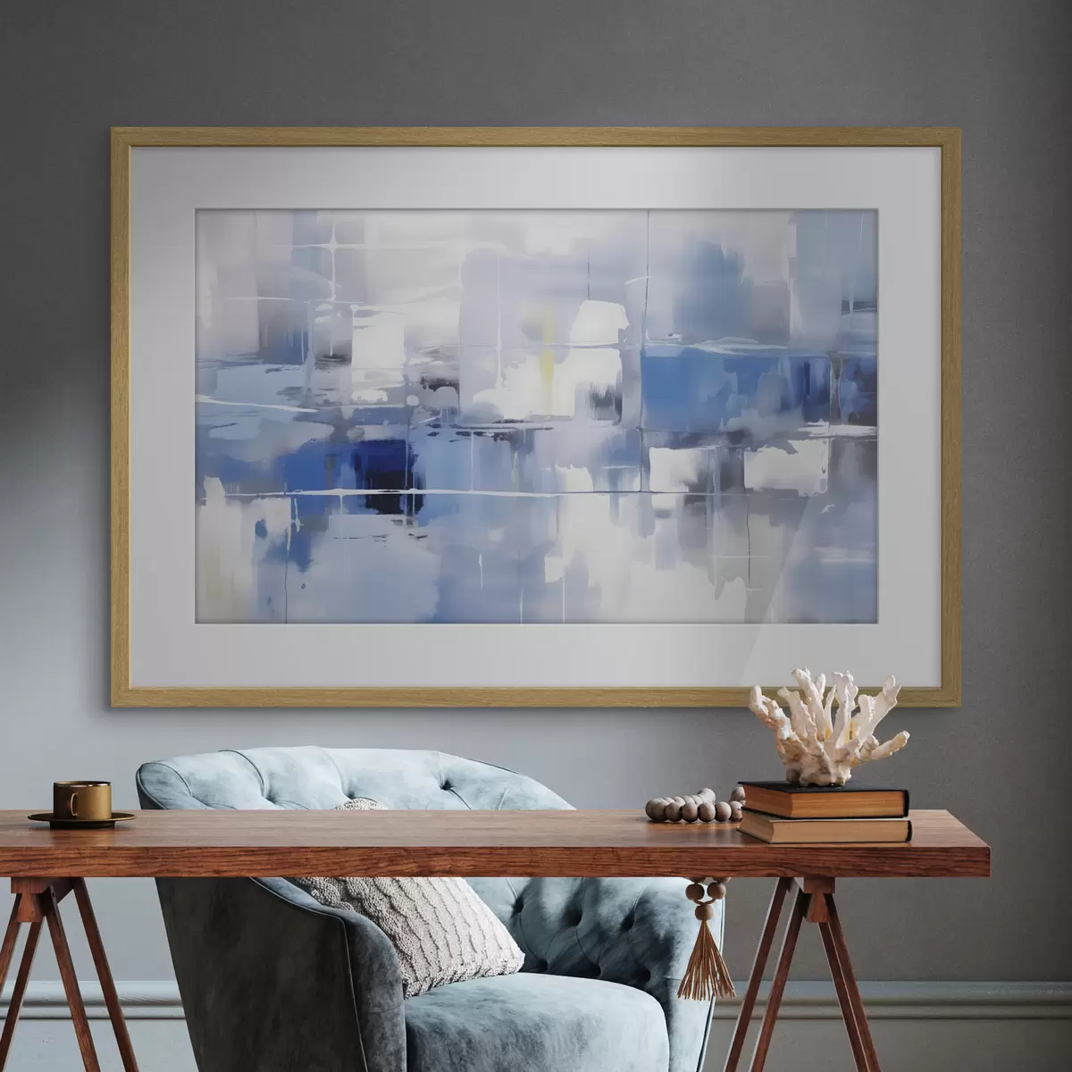 Poster Een moderne abstractie in blauw-, wit- en grijstinten met vage lijnen en vormen f41269