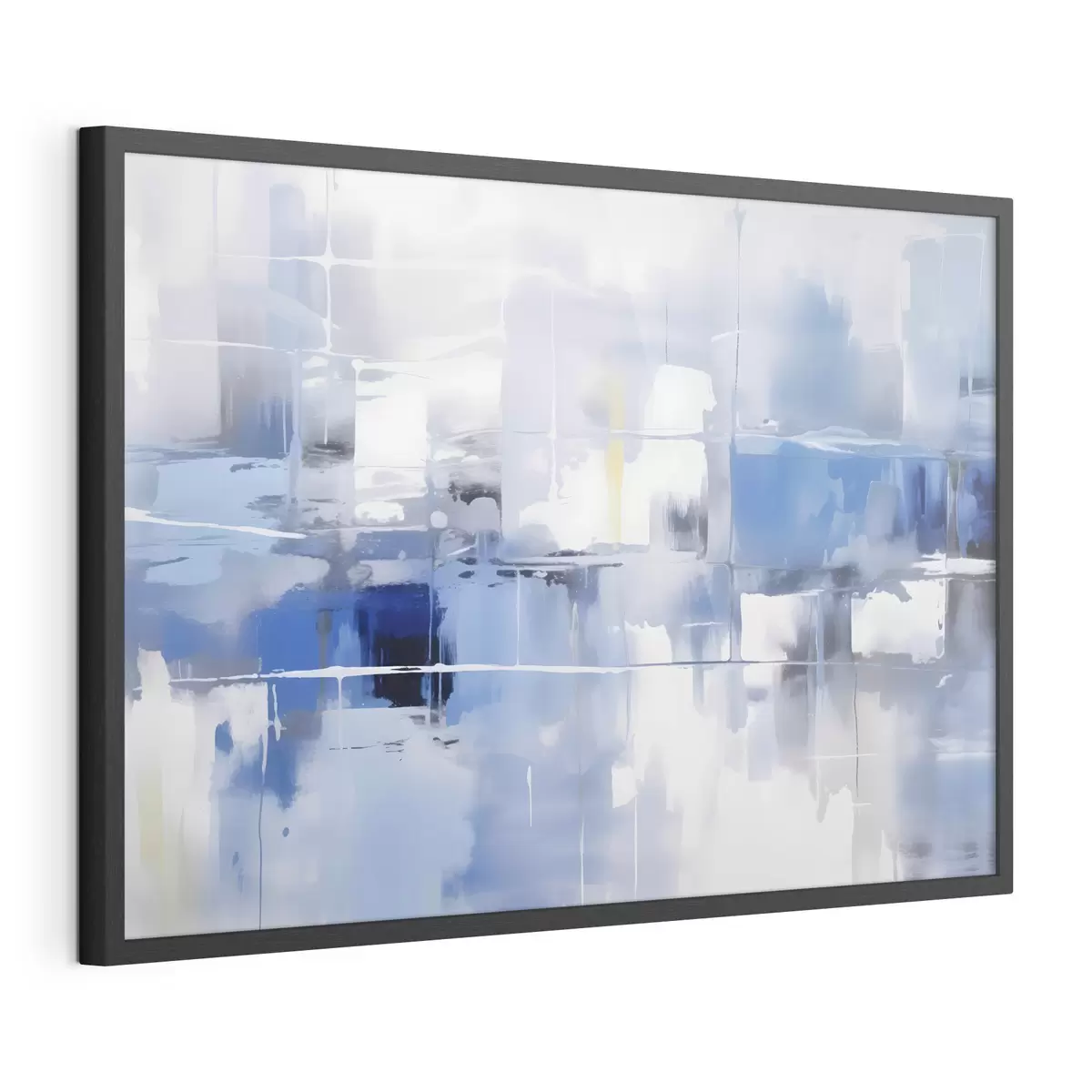 Poster Een moderne abstractie in blauw-, wit- en grijstinten met vage lijnen en vormen f41269