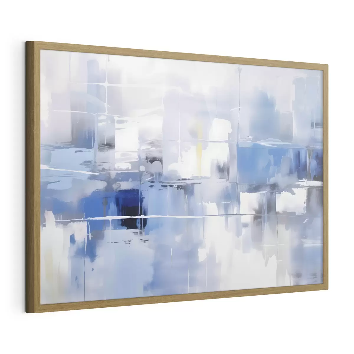 Poster Een moderne abstractie in blauw-, wit- en grijstinten met vage lijnen en vormen f41269