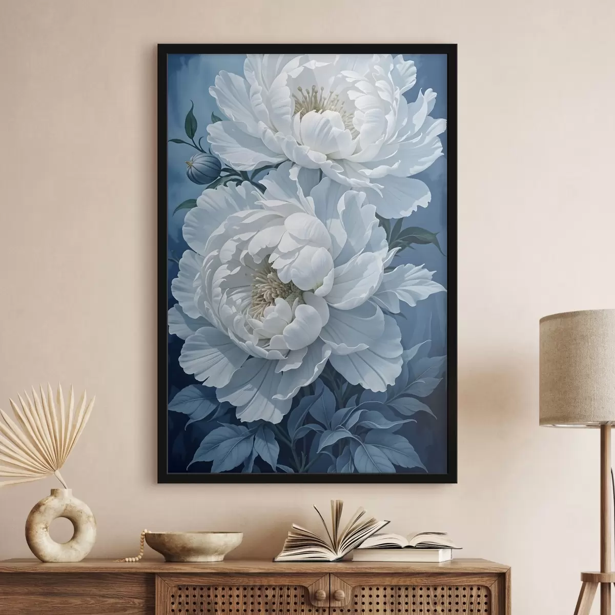 Affiche Pivoines blanches avec feuilles vertes sur fond bleu foncé f41270