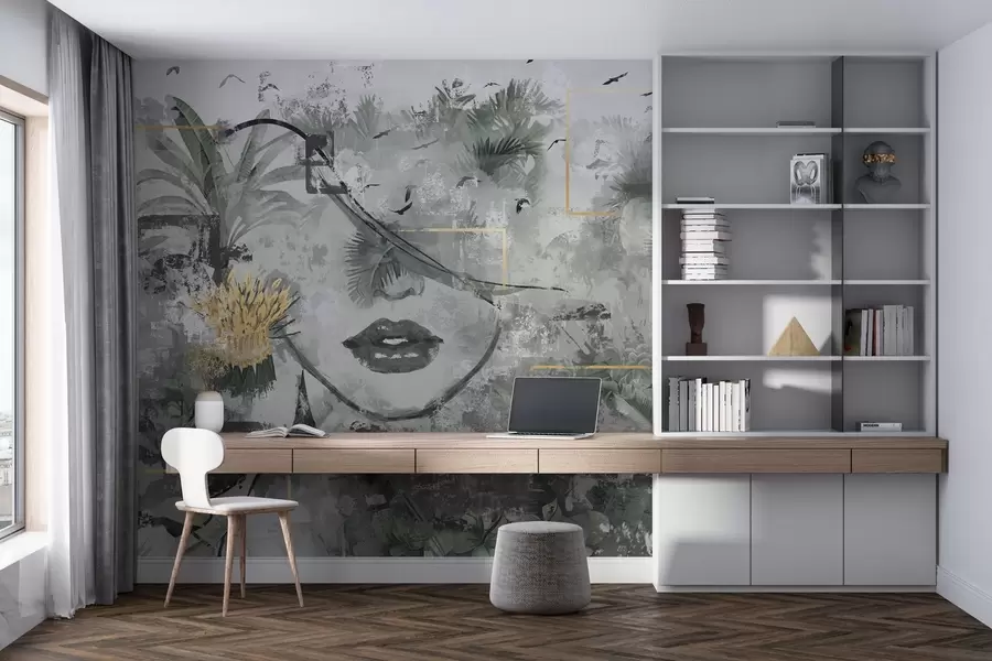 Papier peint photo Forêt tropicale grunge et silhouette d'une jeune fille w01916d1