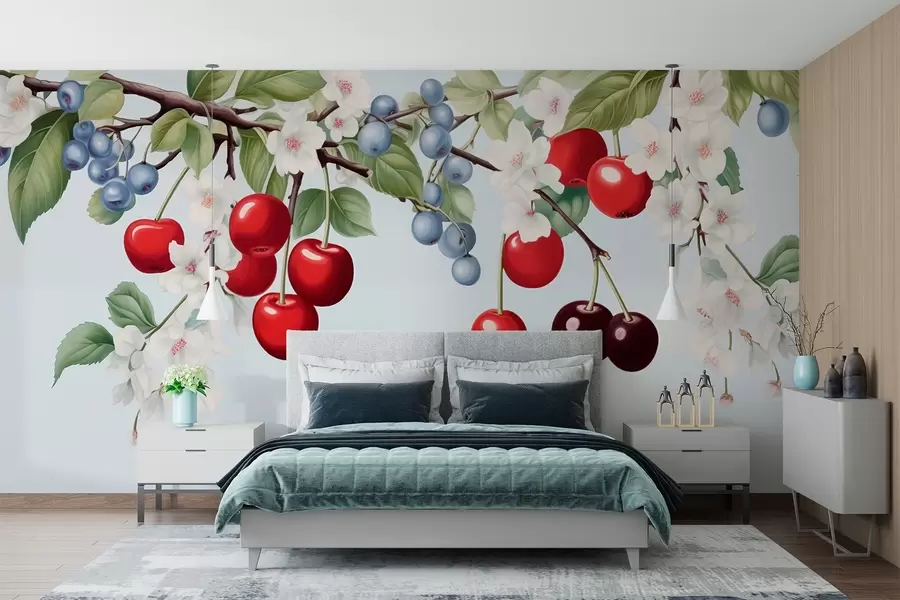 Fotobehang Bessentuin: takken met kersen, bosbessen en bloemen w01975