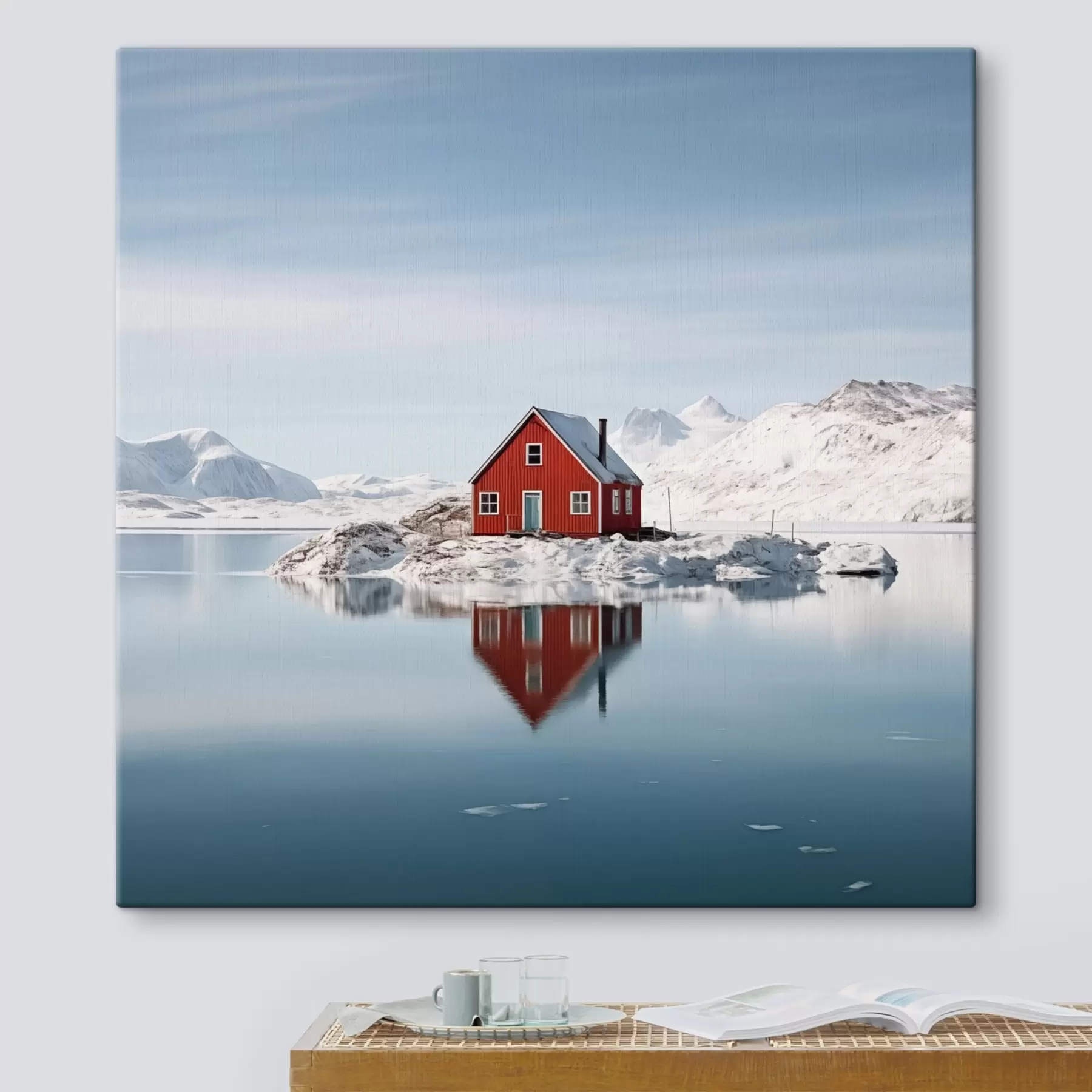  Schilderijen Minimalistisch winterlandschap rood huis aan het meer s41437