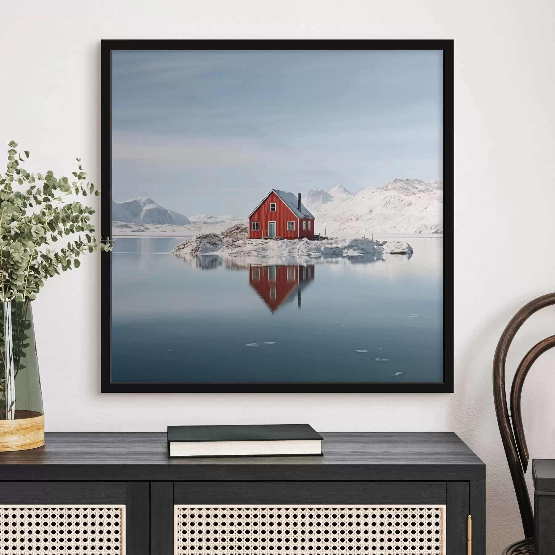  Peintures Paysage hivernal minimaliste maison rouge au bord du lac f41437