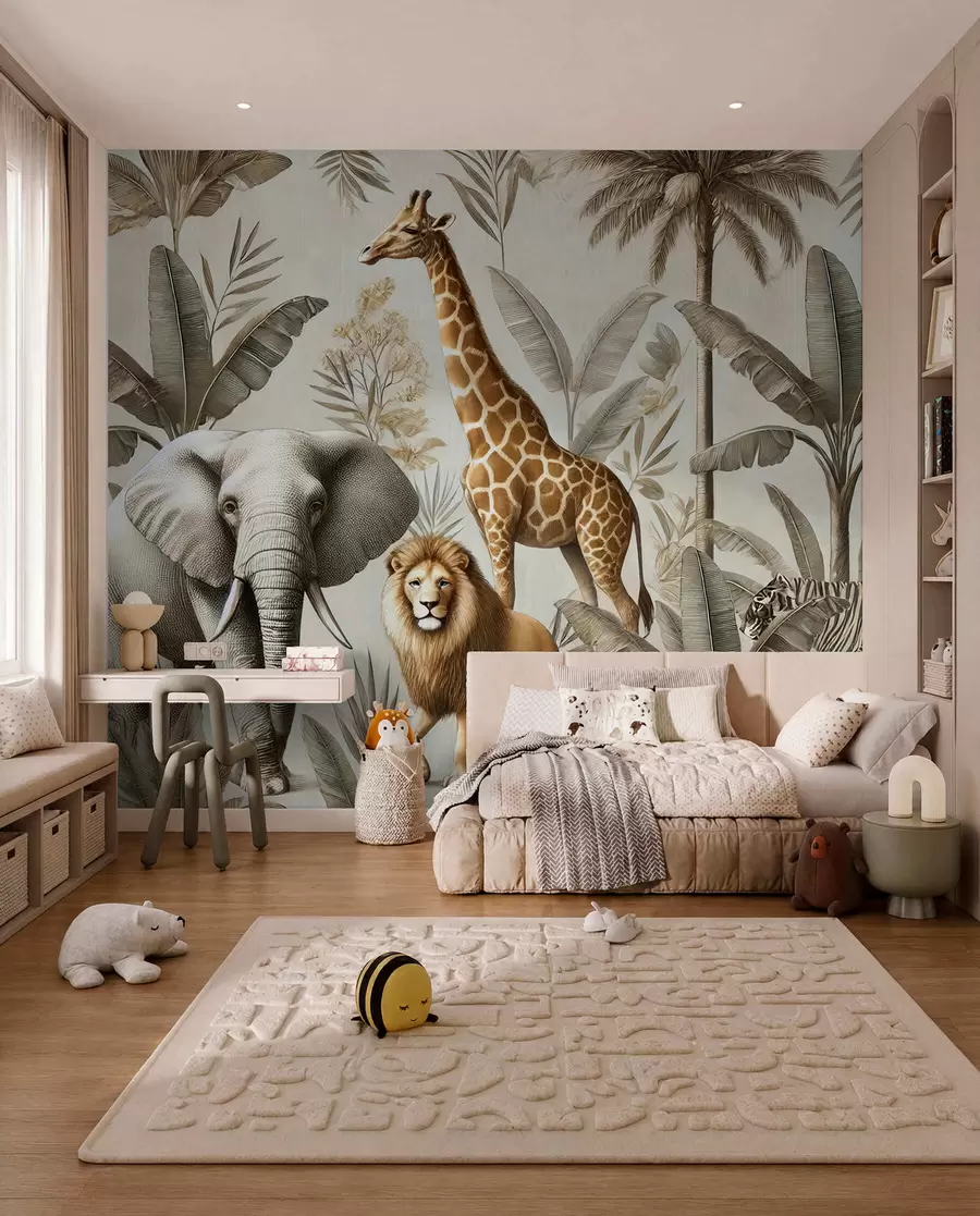 Fotobehang Safari kinderbehang met tropisch landschap en verschillende dieren in elegante kleuren w01956