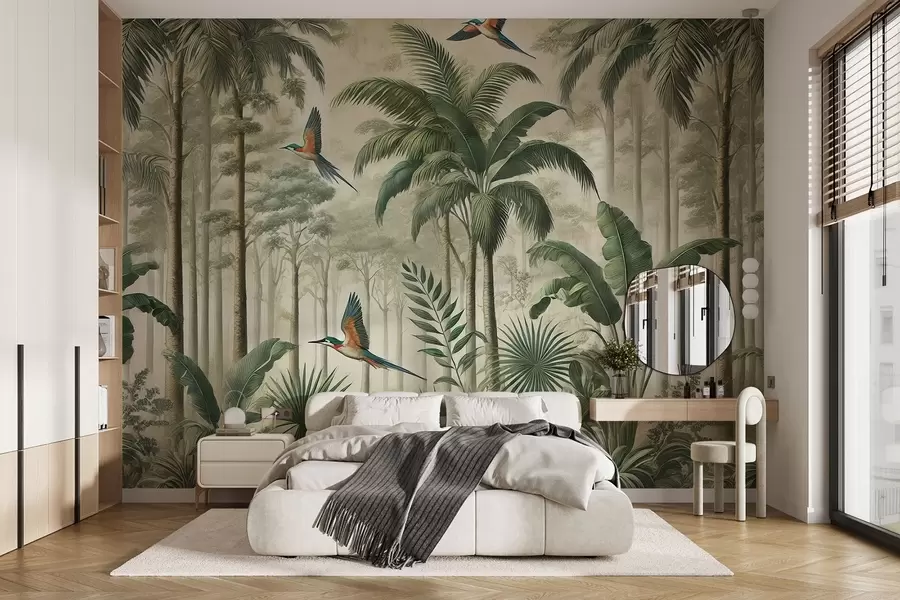 Fotobehang Panorama met tropisch landschap en vogels w01957