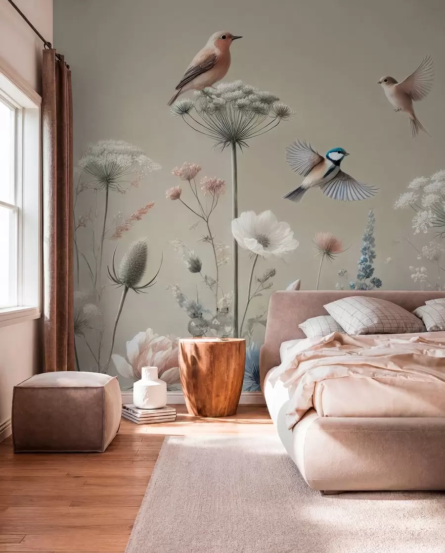 Papier peint photo Fleurs sauvages délicates avec oiseaux sur fond beige w01958