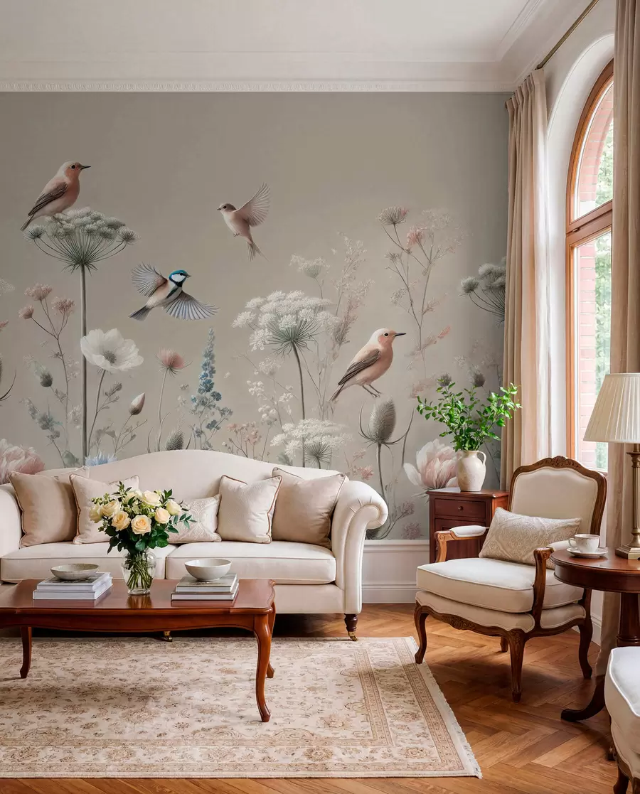 Fotobehang Delicate wilde bloemen met vogels op een beige achtergrond w01958