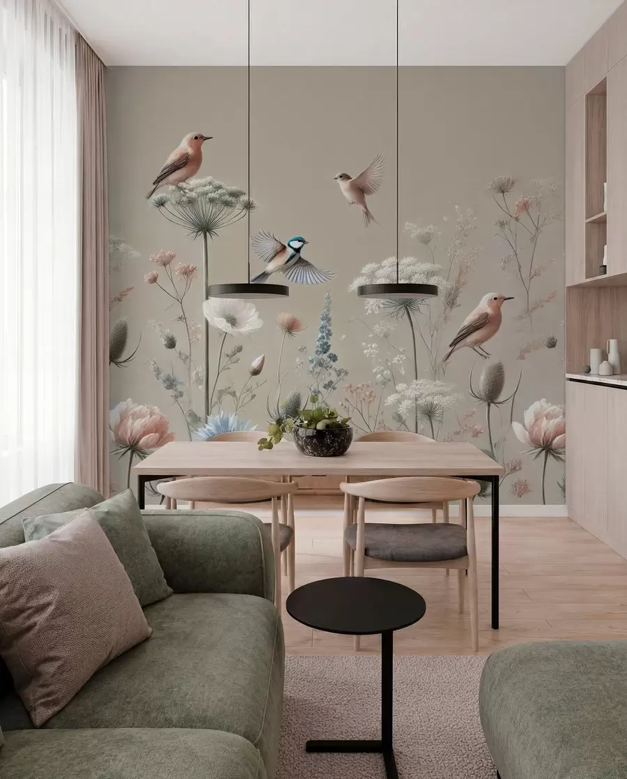 Papier peint photo Fleurs sauvages délicates avec oiseaux sur fond beige w01958