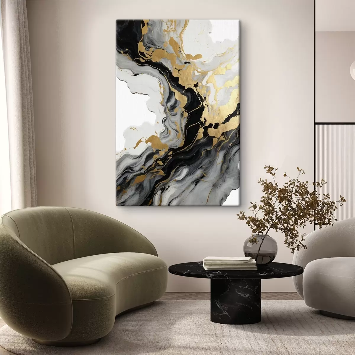  Schilderijen Abstract schilderij in aquarel met zwarte en gele verf s41290