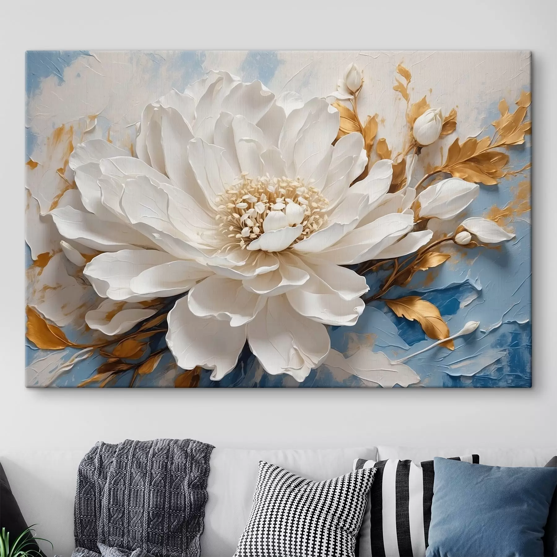 Fotobehang Witte bloem op blauw-witte achtergrond s41311