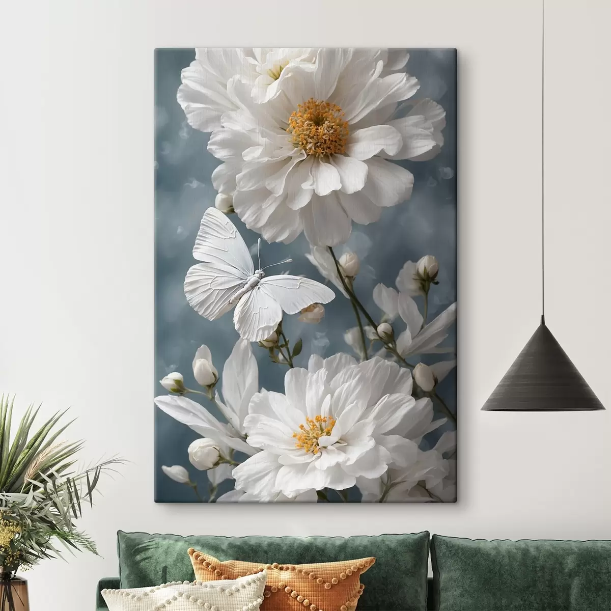  Peintures Fleurs blanches et papillon sur fond flou s41312