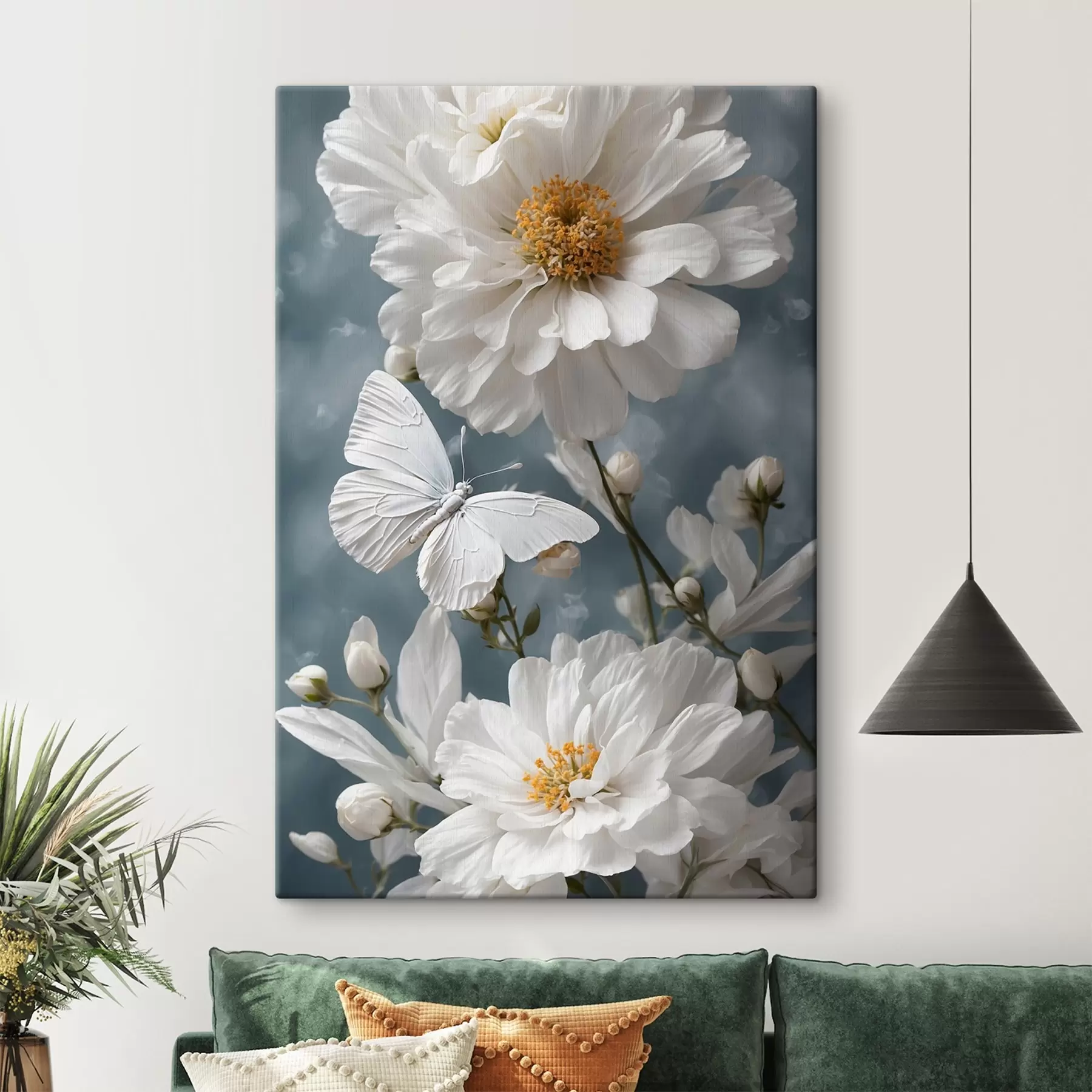 Fotobehang Witte bloemen en vlinder op wazige achtergrond s41312
