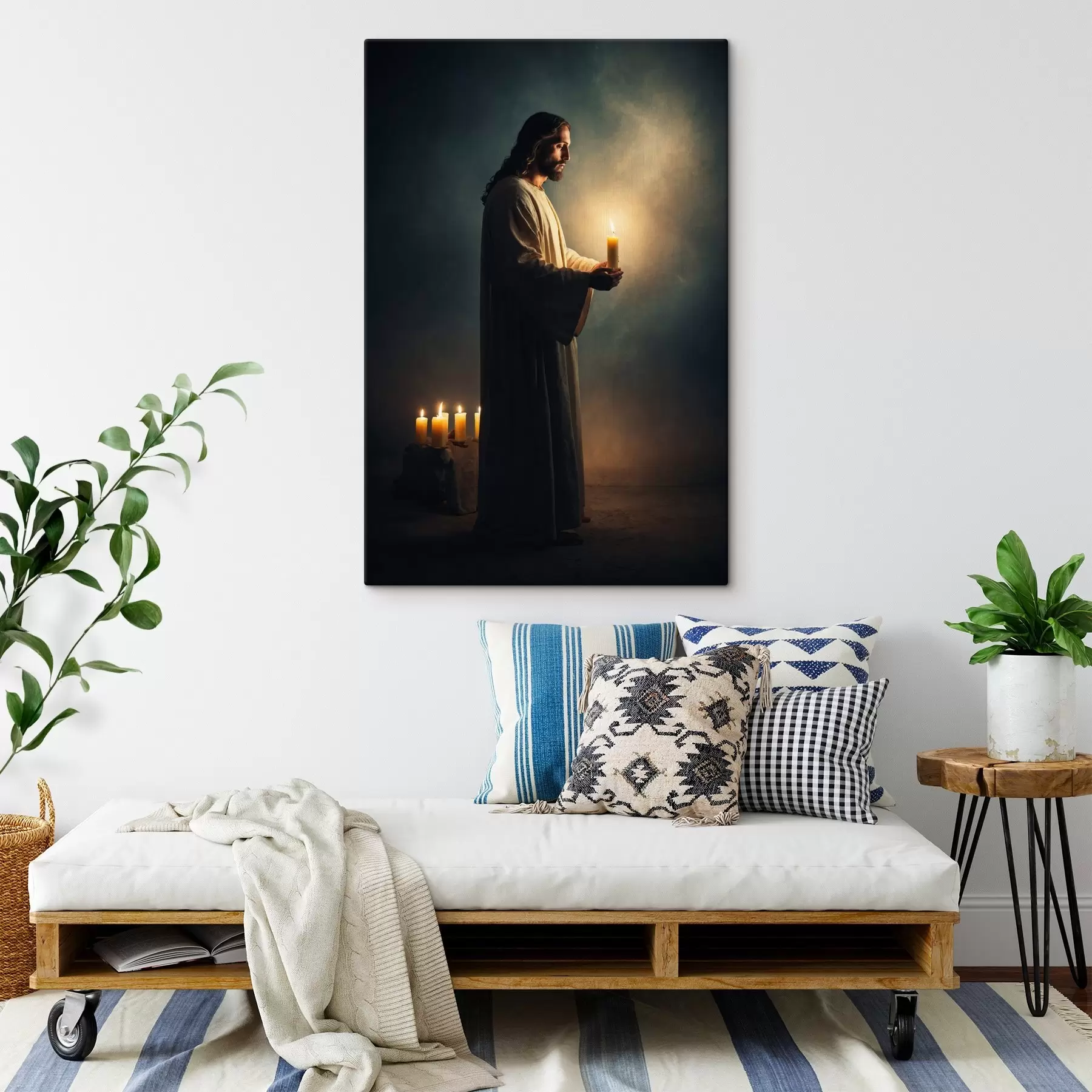 Papier peint photo Jésus-Christ avec une bougie dans l'obscurité s41315