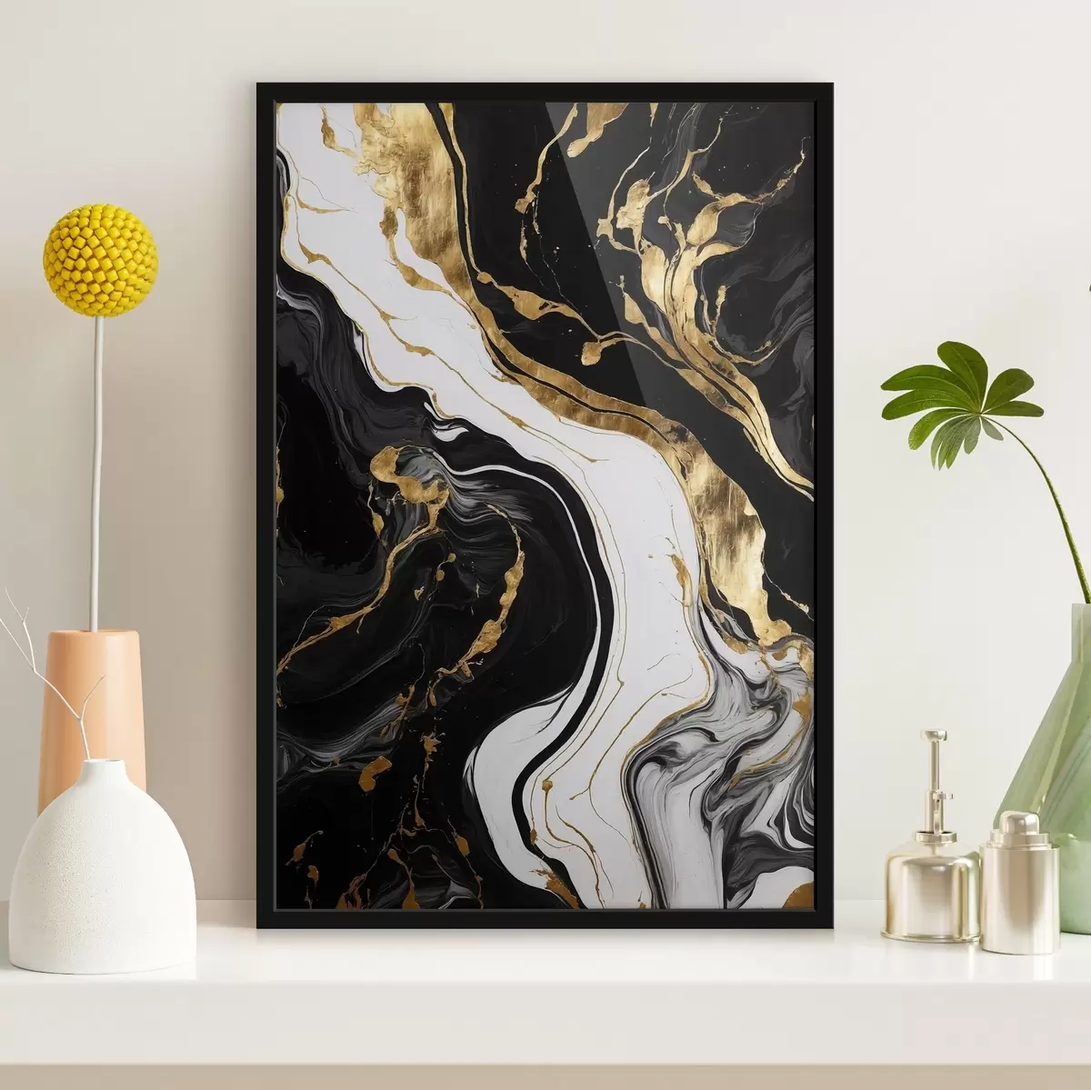 Affiche Peinture abstraite en noir et blanc avec des taches jaunes f41292