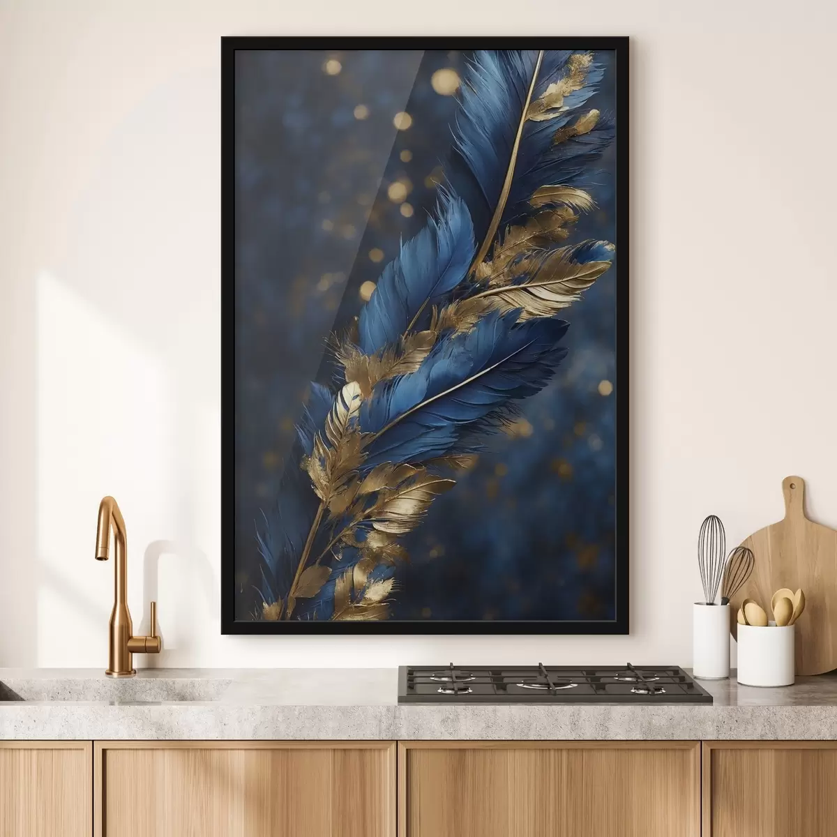 Poster Blauw-gele veren op onscherpe achtergrond f41296