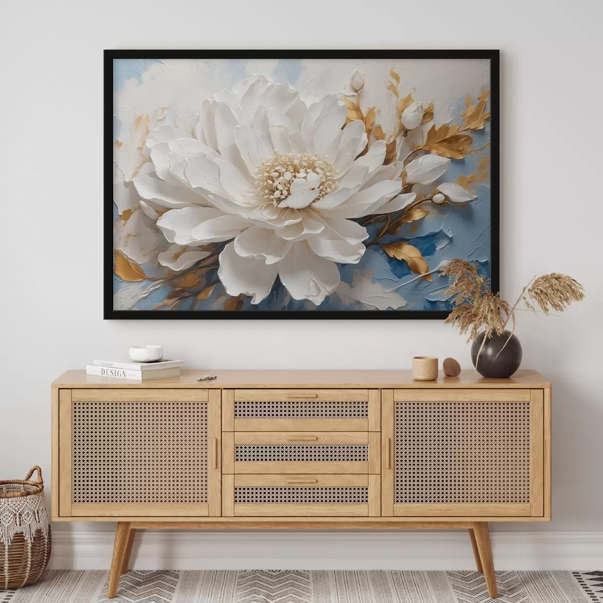 Poster Witte bloem op blauw-witte achtergrond f41311