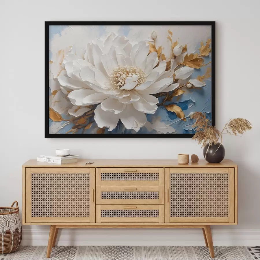 Fotobehang Witte bloem op blauw-witte achtergrond f41311