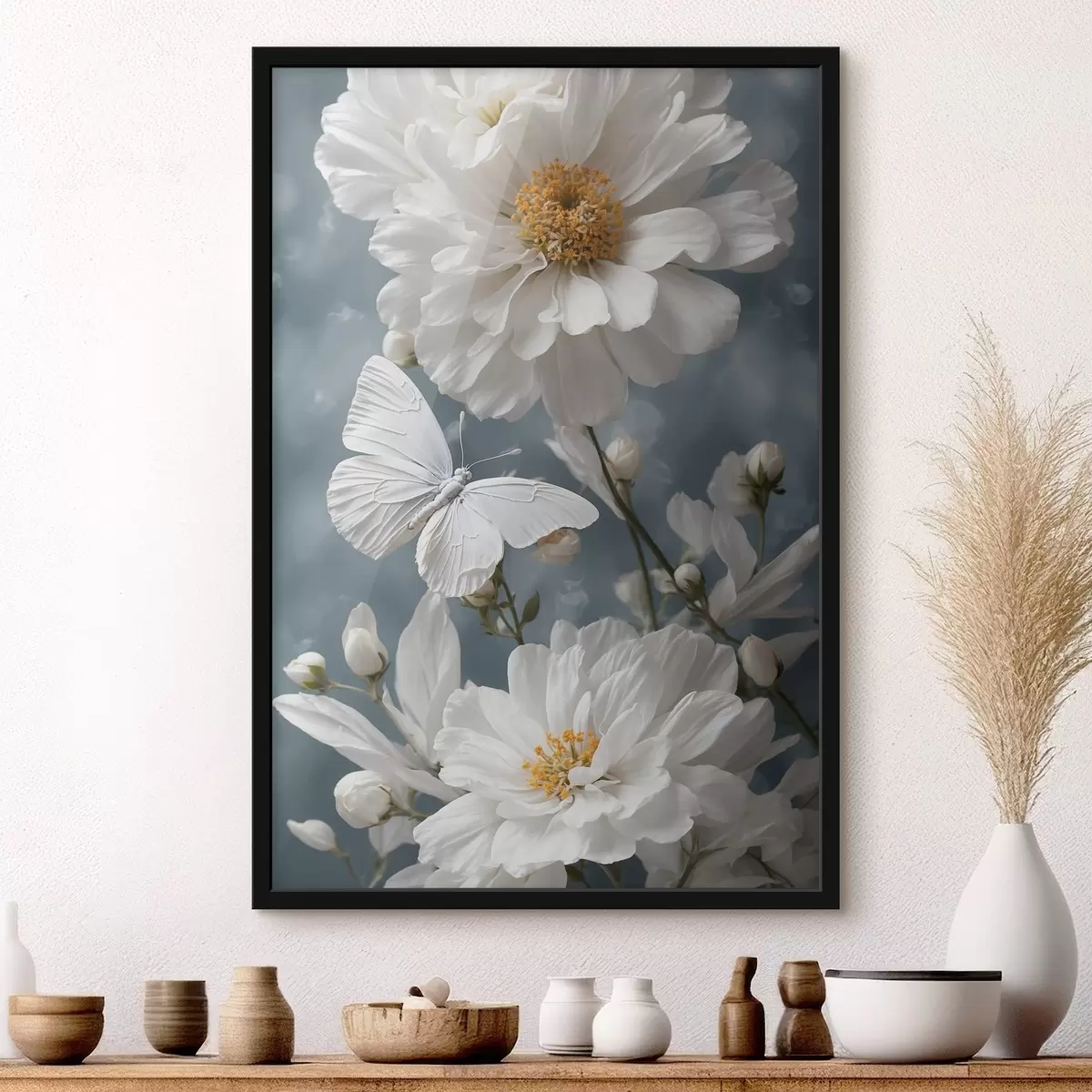 Poster Witte bloemen en vlinder op wazige achtergrond f41312