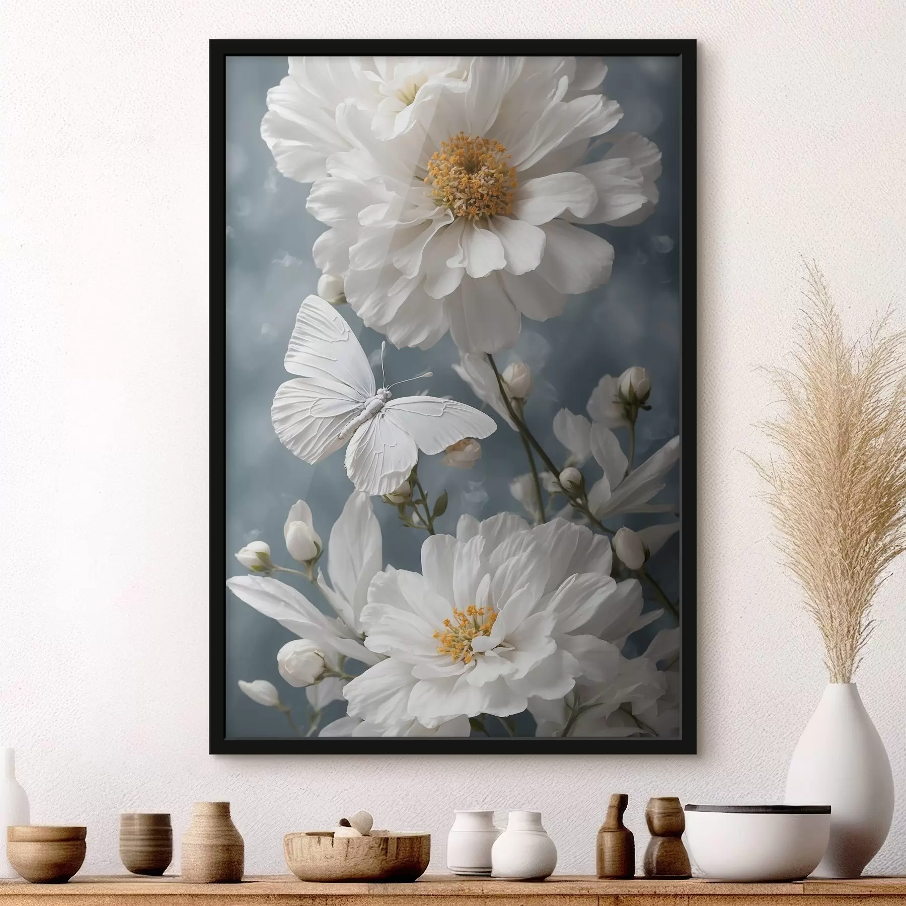 Papier peint photo Fleurs blanches et papillon sur fond flou f41312