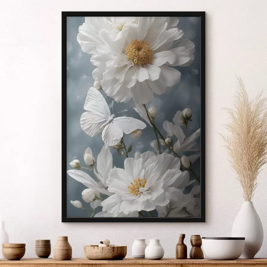 Papier peint photo Fleurs blanches et papillon sur fond flou f41312