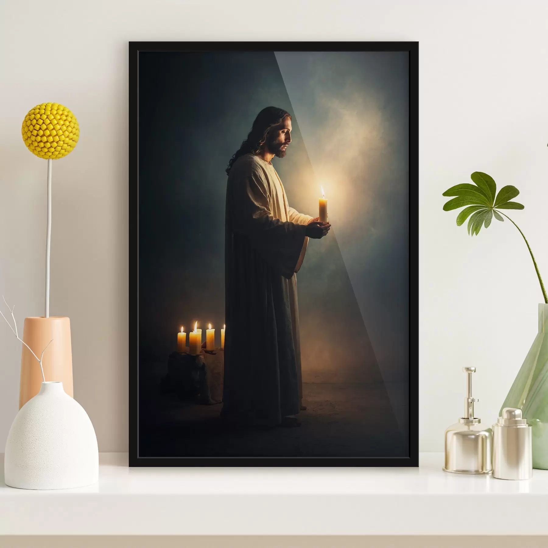 Fotobehang Jezus Christus met kaars in duisternis f41315