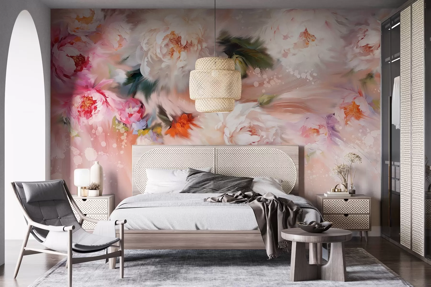 Papier peint photo Acrylique pivoines, coups de pinceau, floral, couleurs pastel douces w02021