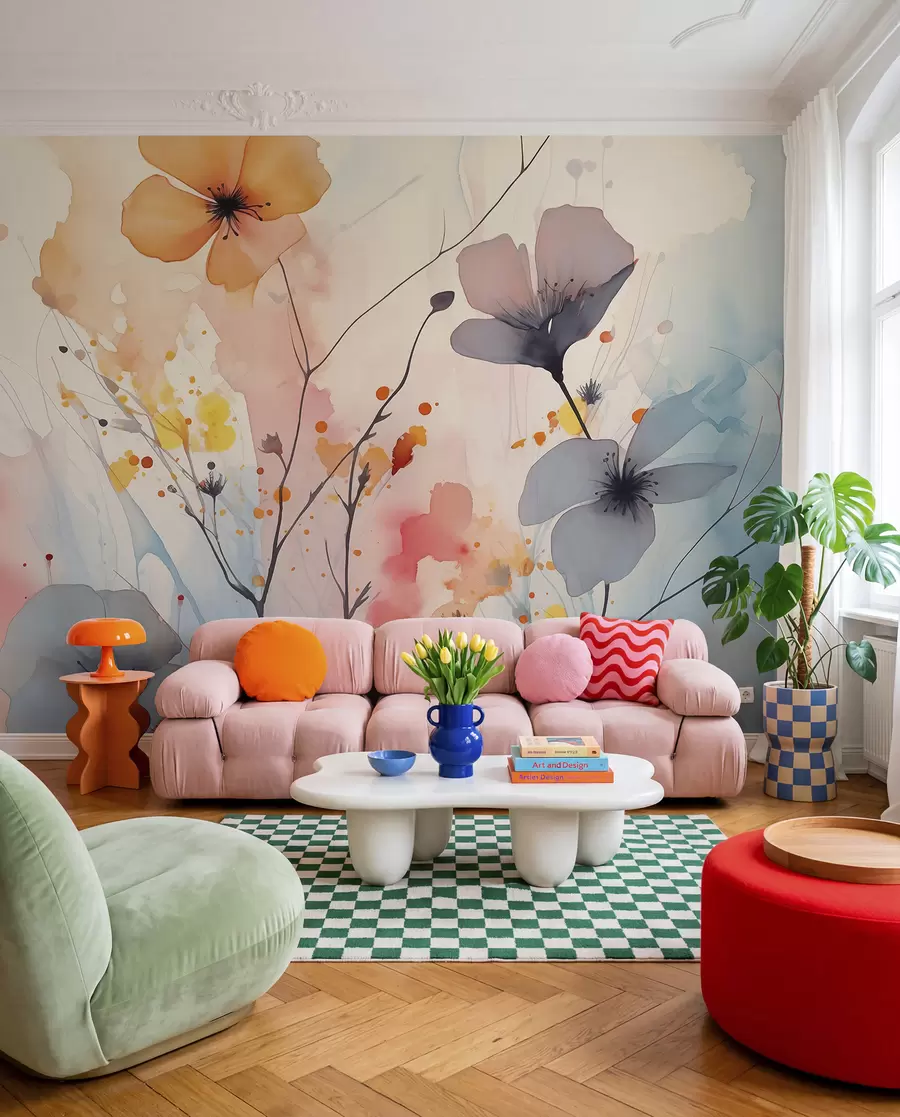 Fotobehang Abstracte heldere bloemen en takken met verfspatten natte aquarel w02049
