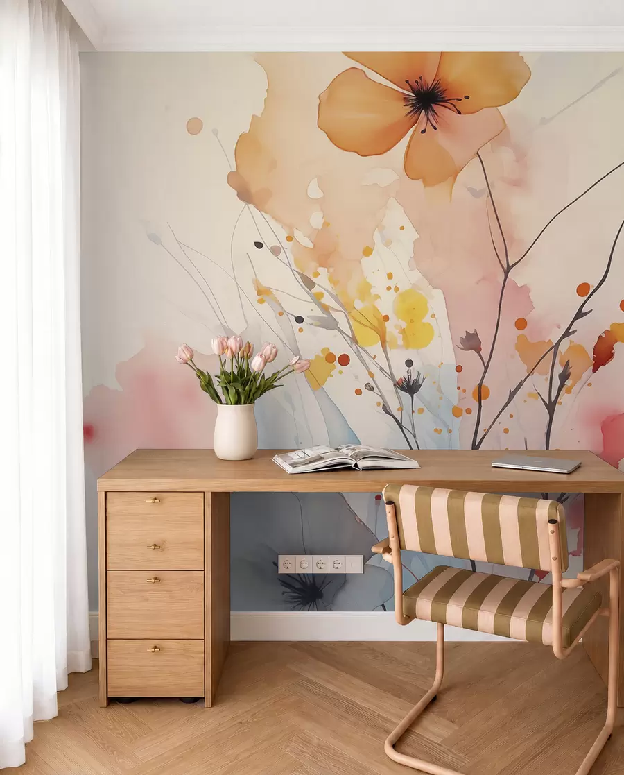 Fotobehang Abstracte heldere bloemen en takken met verfspatten natte aquarel w02049