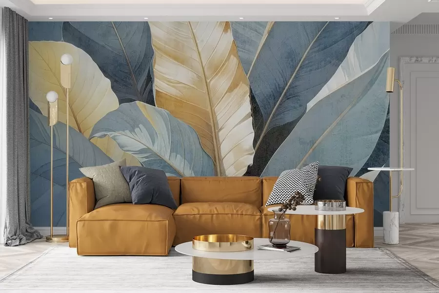 Fotobehang Een close-up van grote weelderige decoratieve tropische bladeren in blauw-, groen- en geeltinten w08373