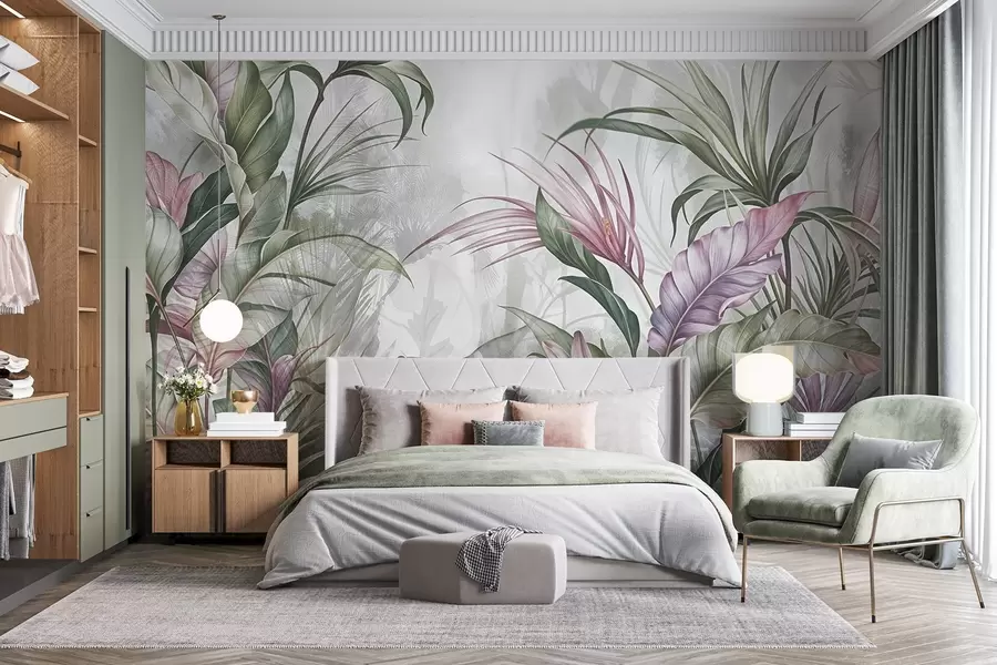 Fotobehang Tropische jungle met grote groene bladeren en roze protea bloemen met wazige getextureerde achtergrond w08375